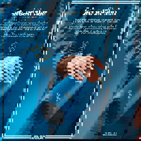 A person's hand holds a blue ION8 travel flask with a soft base for silent placement. Text reads: "Safe and Silent The soft pad on the base ensures safe, silent placement on any surface, making it perfect for home, office, or on-the-go use. Soft base TRAVEL FLASK."