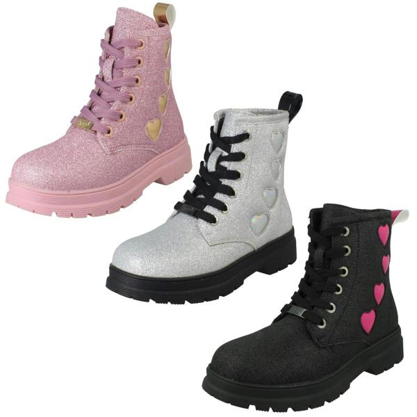 Pineapple Girls Pineapple Low Heel Lace Up Heart Glitter Boots with Inside Zip H4196