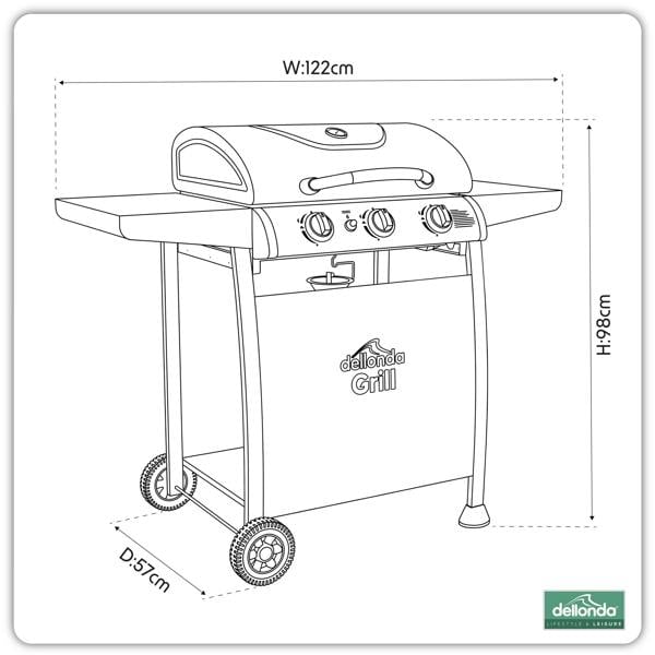 Dellonda 3 Burner Gas BBQ Grill with Piezo Ignition, Built-In Thermometer, Black/Stainless Steel - DG14