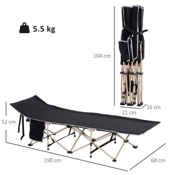 Black folding single camping cot with side storage pocket and carry bag