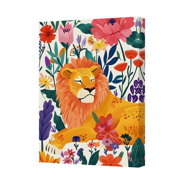 Benjamin Tate Design Vibrant Floral Lion Canvas Art Print With Deep Wood Frame