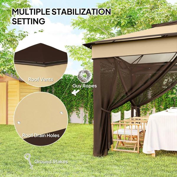 Beige pop-up gazebo with dark brown frame, roof vents and side panel detail