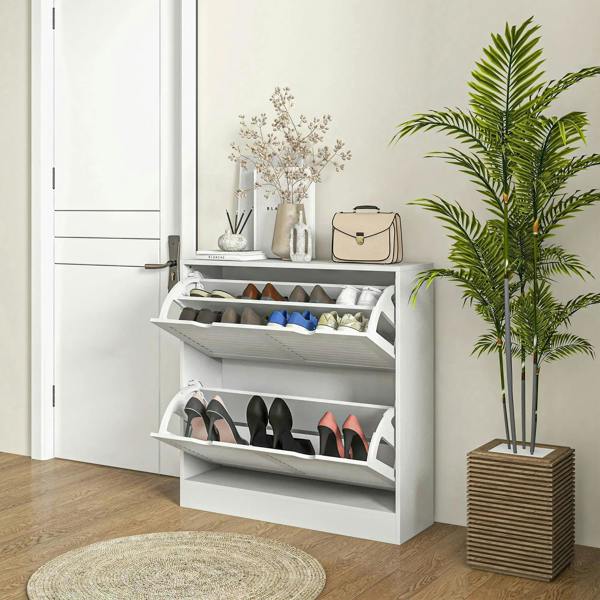 White shoe cabinet with open flip drawers, shoe slots, and louvered ventilation panels