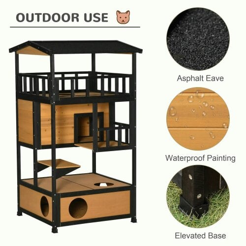 Wooden Outdoor Cat House, 3-Tier Cat Shelter with Tilted Roof, Terrace, Jump Step, Bottom Tray and Elevated Base, Waterproof Paint, Yellow
