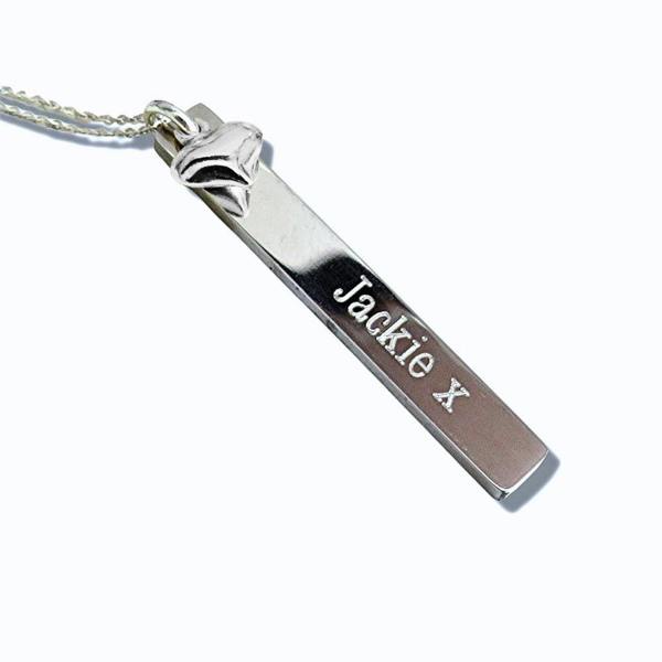 Personalised Silver Thin Bar Necklace &  Mini Heart Charm