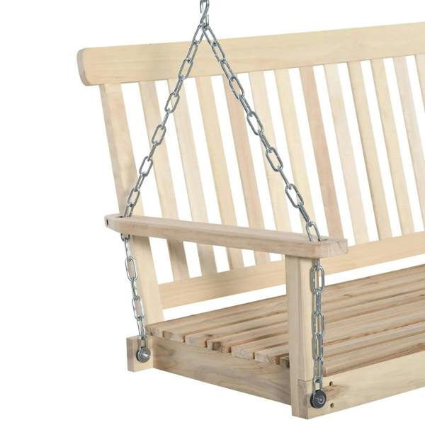 Natural wooden porch swing bench close view: slatted back, armrests, and linked chains