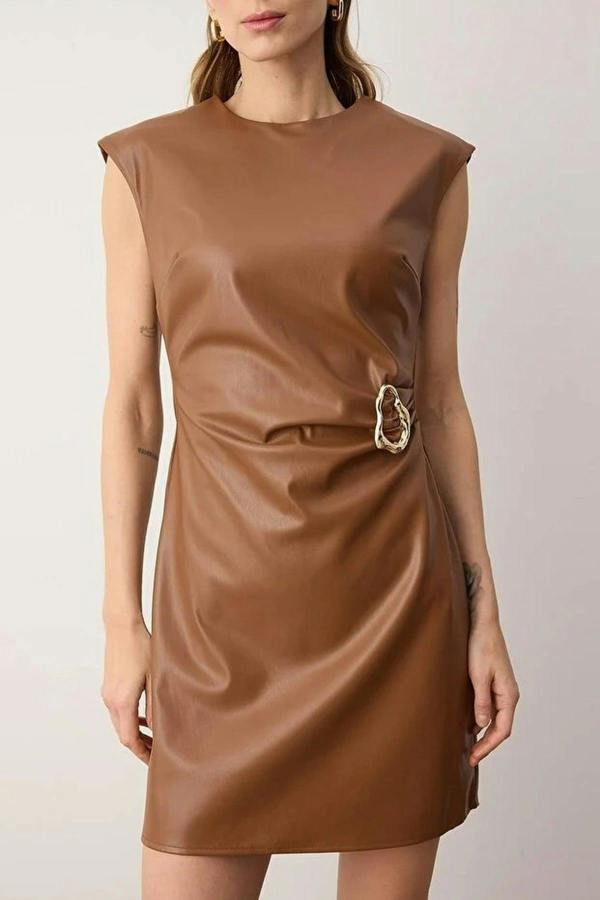 WOVCOR Faux Leather Accessory Detailed Mini Woven Dress