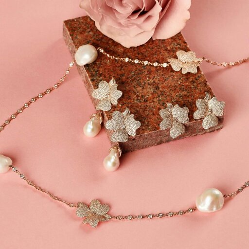 Latelita Baroque Pearl White Flower Drop Earrings Rosegold