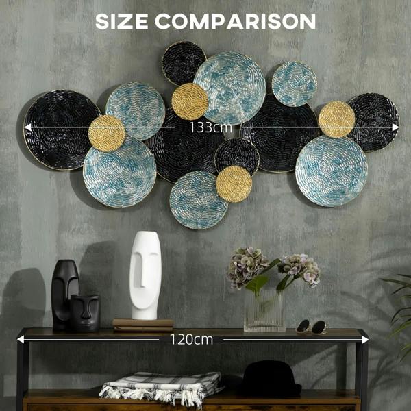 Full metal circular wall art cluster with blue and gold accents on black discs