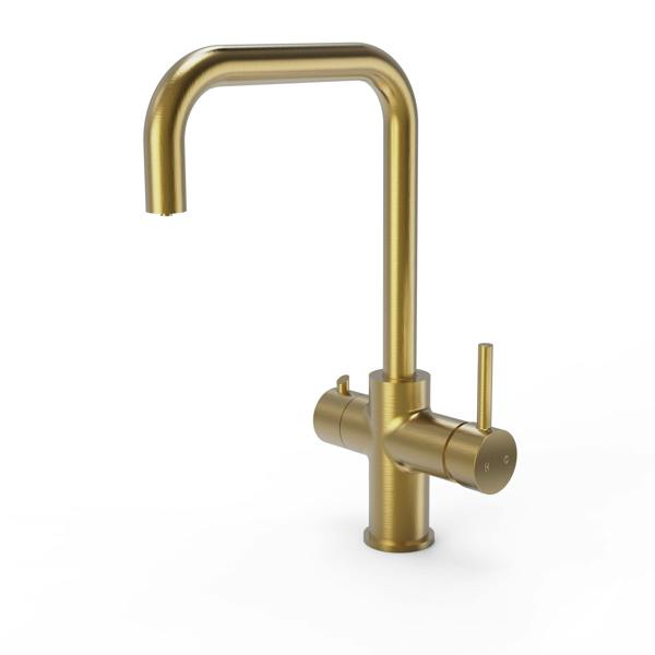 Brushed gold boiling water tap on a white background