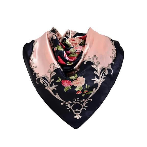 Anyyou Fashion Premium Satin Square Scarf – Navy Blue Pink 535 Silk-Feel Neckwrap for Women
