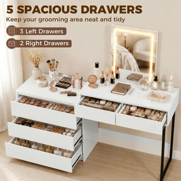 Vanity Makeup Desk LED Mirror Dressing Table Large Storage 5 Drawers White
