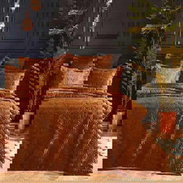 Paoletti Palmeria Velvet Quilted Duvet Cover Set - Rust