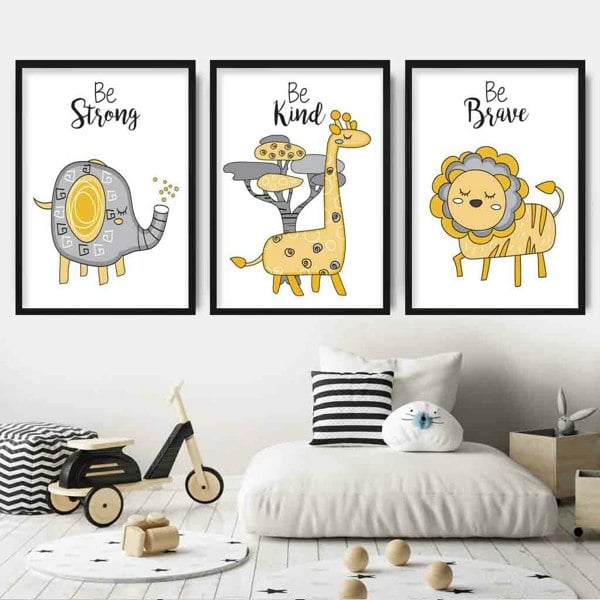 Nursery Set of 3 FRAMED JUNGLE Animals Yellow Art Prints | Artze Wall Art UK