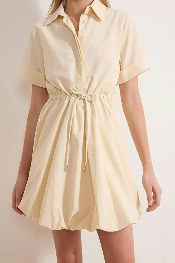 WOVCOR Lace-Up Mini Balloon Skirt Detail Woven Dress