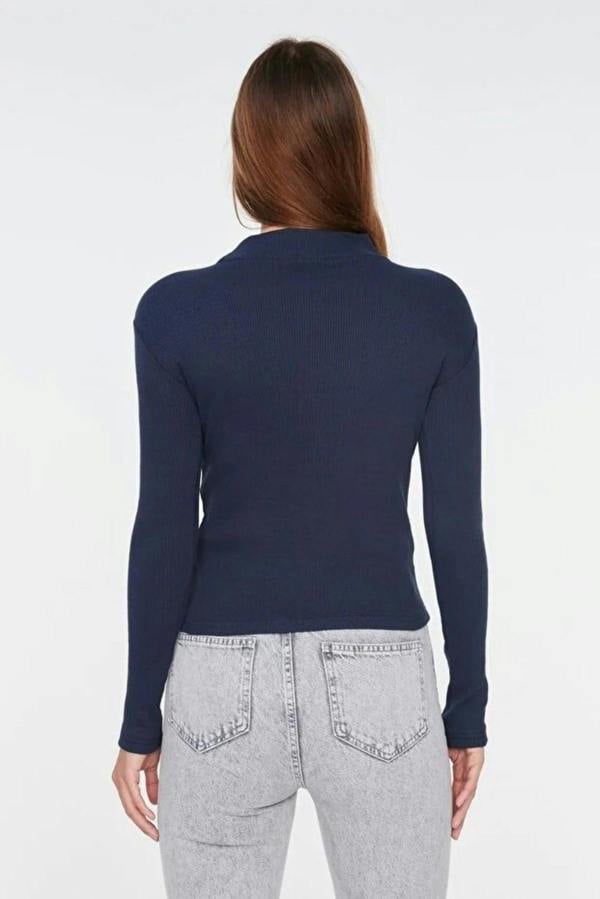 WOVCOR Fitted Stand Collar Long Sleeve Ribbed Knit Blouse
