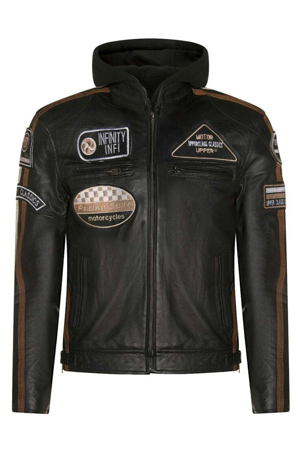 Infinity Leather Mens Racing Hooded Leather Biker Jacket-Detroit