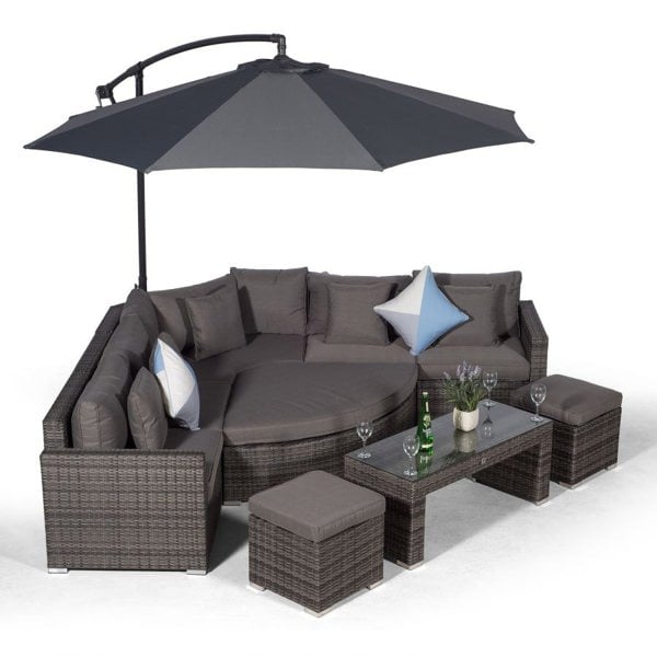 Giardino Santorini L Shape Modular 5 Seat Rattan Corner Sofa Set With Daybed Ottoman, Large Coffee Table & 2 Stools