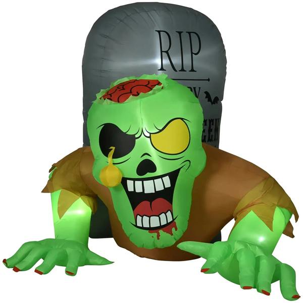 Green inflatable zombie ghost decoration with RIP graphic and glowing LED hands