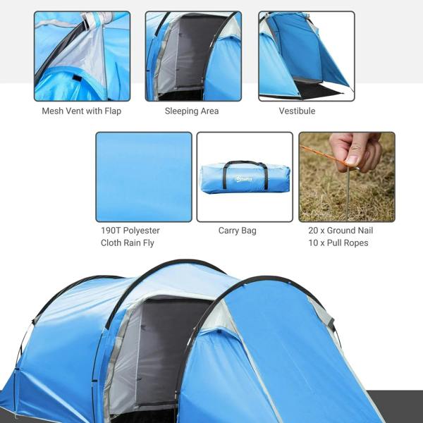 Blue tunnel camping tent with mesh vent flap, sleeping area, and vestibule