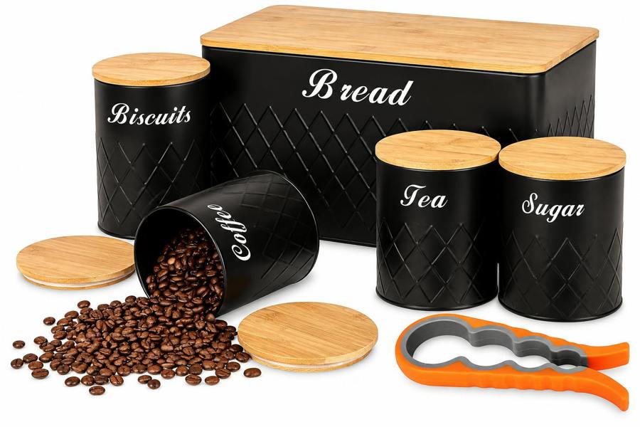ATEK 5 Piece Kitchen Canister Set Bamboo Lids Tea Coffee Sugar Biscuits Bread Black