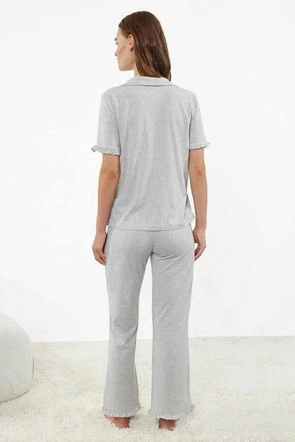 WOVCOR 2-Piece 100% Cotton Ruffle Detail Knitted Pajama Set