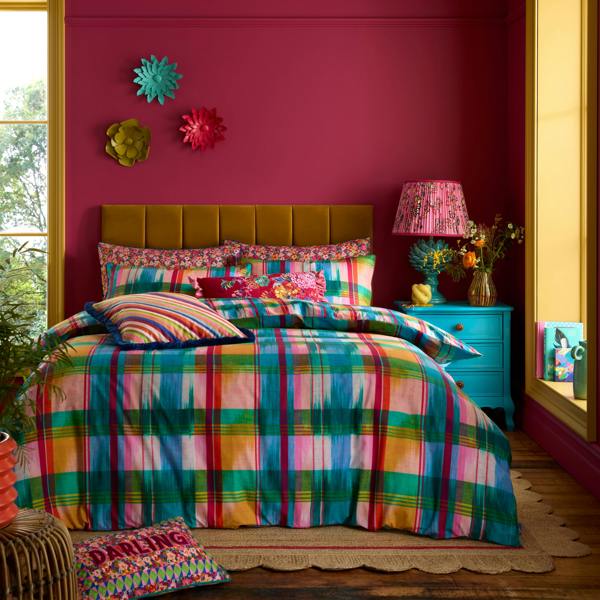 Sophie Robinson Wanderweave Ikat Check 100% Cotton Reversible Duvet Cover Set Bright