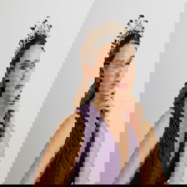 purple tiara worn with hair down