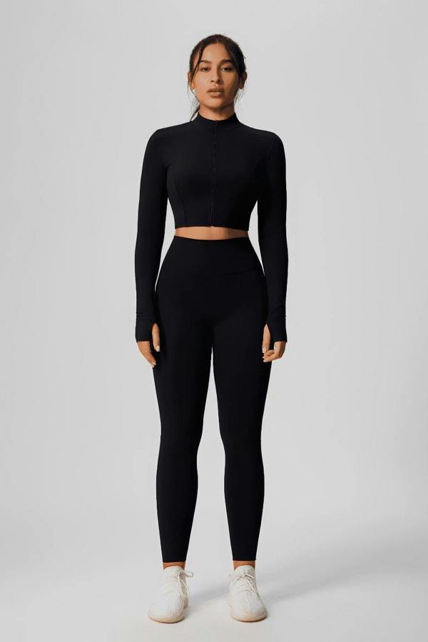 Anniou Zip Thumbhole Crop Yoga Jacket - Black