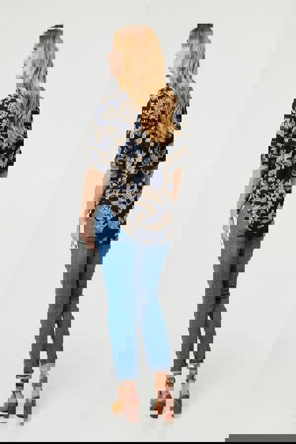 Navy | Floral Embroidered Long Sleeve Blouse
