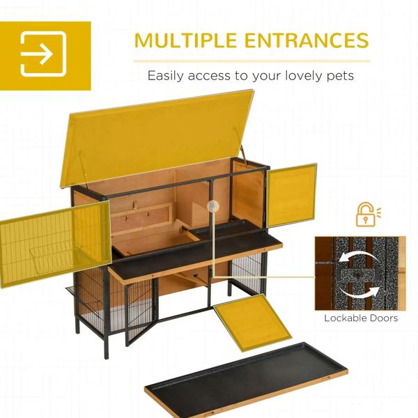 Rabbit hutch with raised roof, multiple entrance doors, wire mesh panels, lockable front access