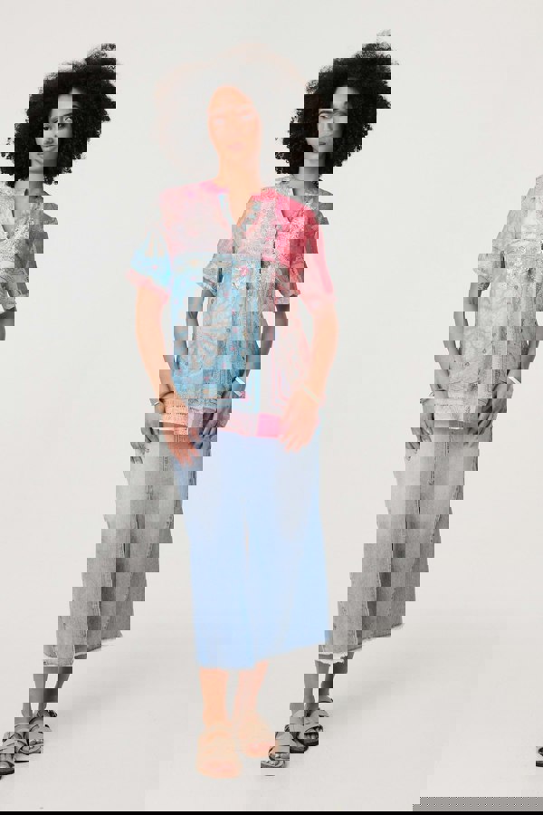 Pink | Patchwork Print Short Sleeve Blouse
