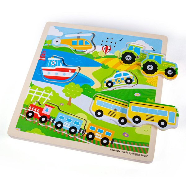 Bigjigs Toys Wooden Transport Themed Sound Puzzle, Sensory Toys - 6 Pieces