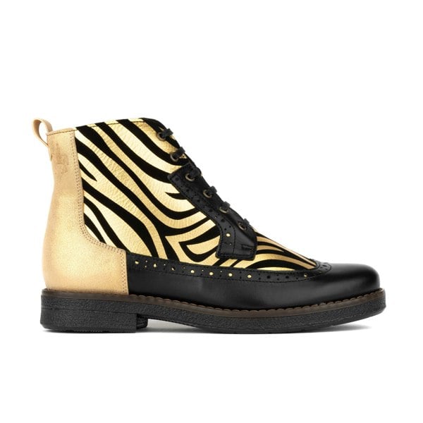 Embassy London Hatter - Black & Gold Stripes - Women's Leather Ankle Lace-up Boot with gold foil zebra stripes