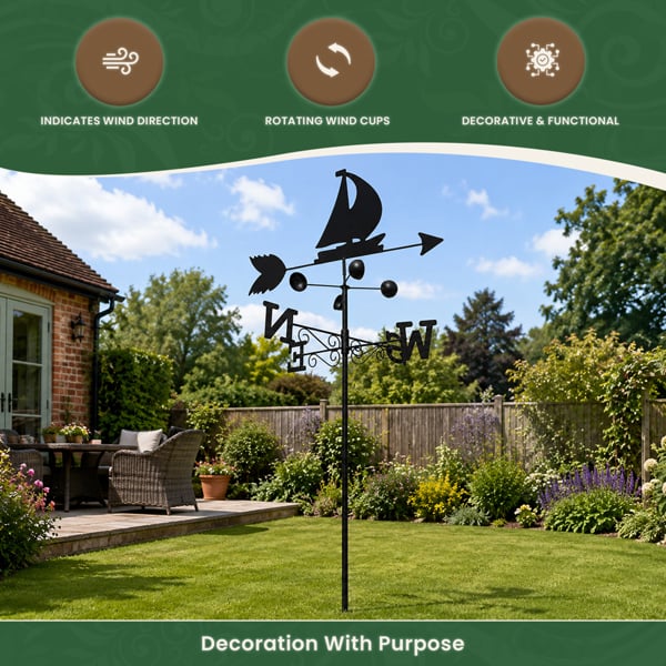 Boat Steel Weathervane, Black Painted All-Steel Weather Vane With Wall Fixings and 1.7m Ground Spike, Wind Speed Cups