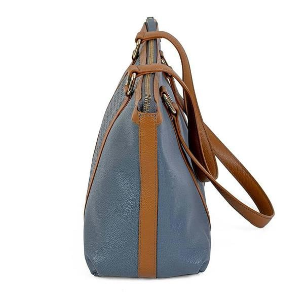 Pia Denim Blue Leather Tote Bag, Laser-Cut Detail with Gold Fittings