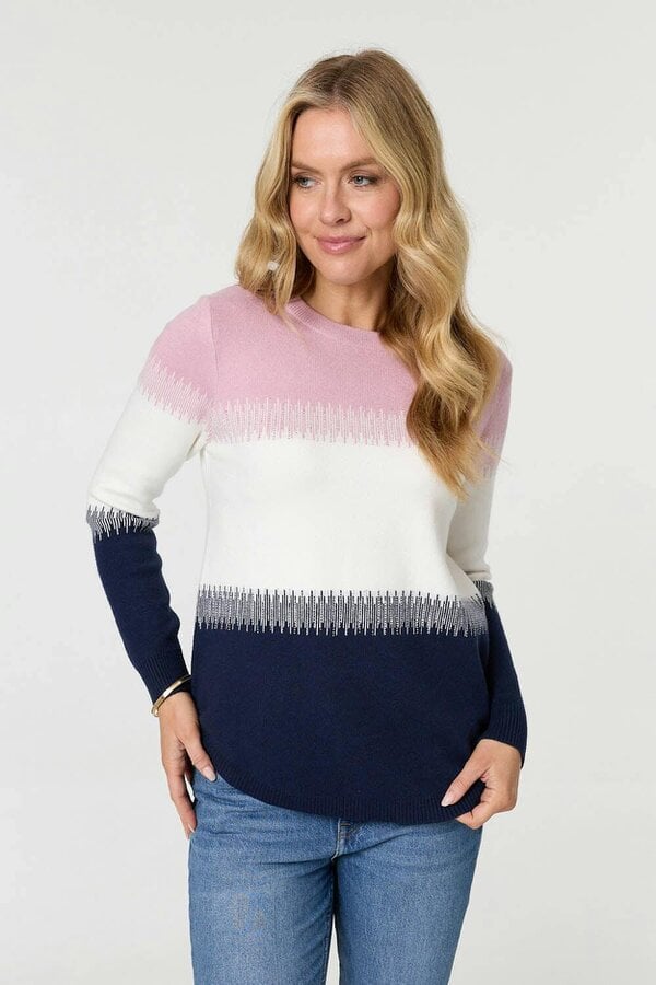 Izabel London Sparkly Colour Block Curve Hem Jumper - Pink