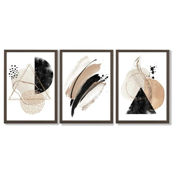 Artze Wall Art Abstract Black Beige Set of 3 Watercolour Shapes Framed Wall Art