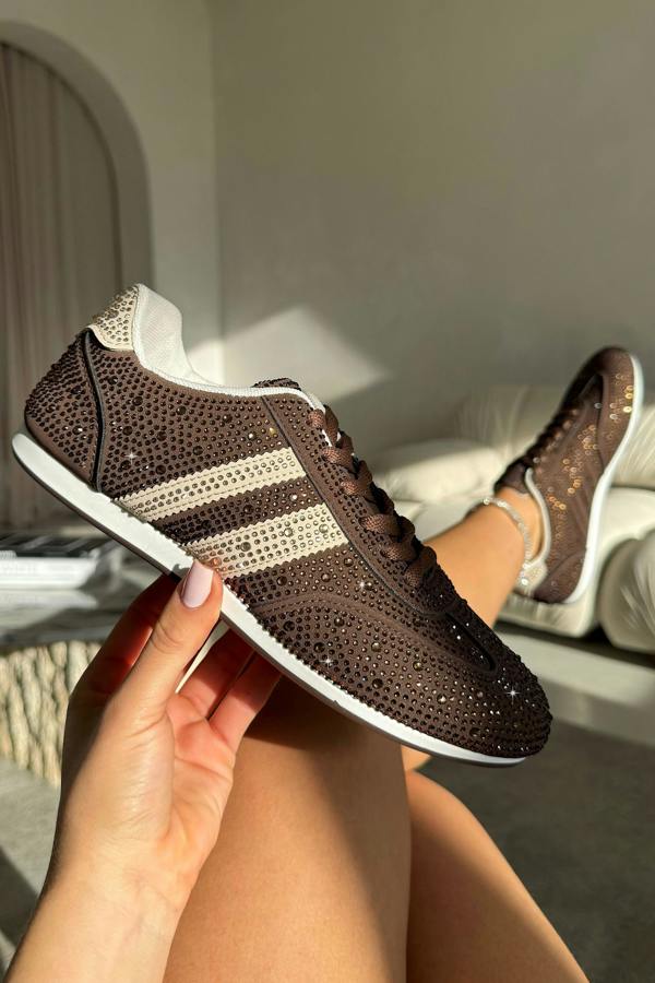 Crystal Dewdrop Lace-Up Trainers Brown finished with classic lace-up fastening