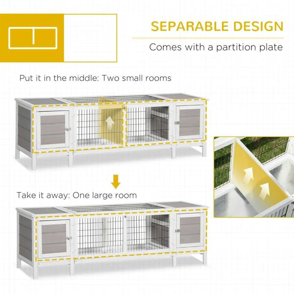 Grey rabbit hutch and run with removable tray, partition plate divides interior into two rooms