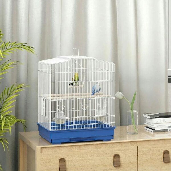 Large Metal Bird Cage with Perches, Food Bowls, Swing, for Budgies, Finches, Blue - Blue