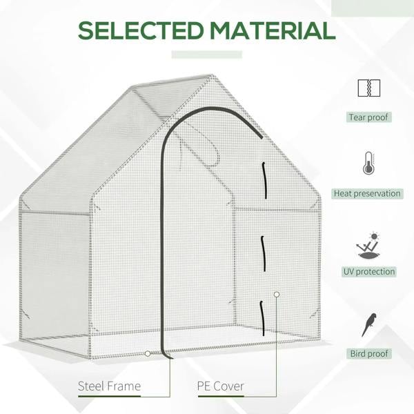 Mini greenhouse with steel frame and clear PE cover, arched roll-up door
