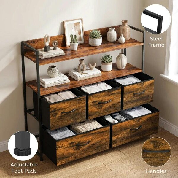 Chest of Drawers, Bedroom Fabric Dresser with 5 Drawers, Storage Organiser Unit with Open Shelves, Rustic Brown