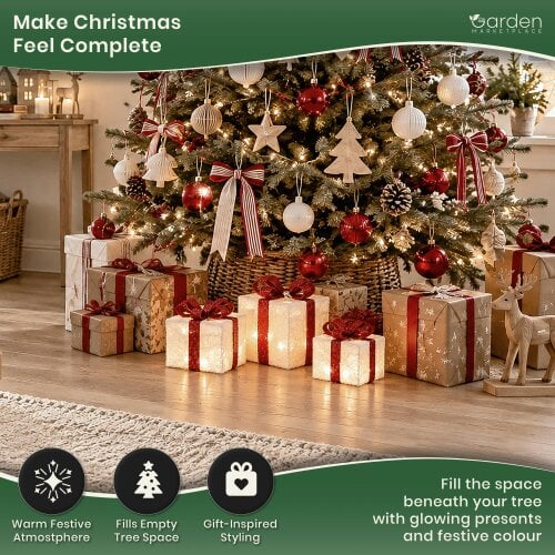 Light Up Christmas Parcels - Set of 3, White and Red with 35 White LEDs