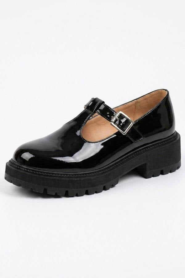 Saoirse Chunky Sole Patent T Shoes - Black