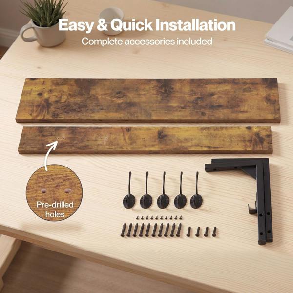 Levede Coat Rack Wall Mounted Shelf 7 Hooks Heavy Duty Entryway Storage Brown