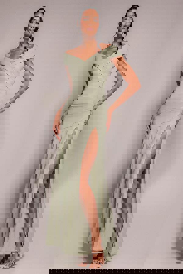 Scuba Crepe Off Shoulder Front Split Maxi Dress - Sage Green DR2930SC