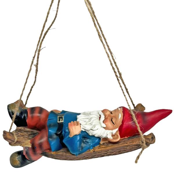 Farmwood Sleeping Gnome in a Hammock Hanging Garden Ornament
