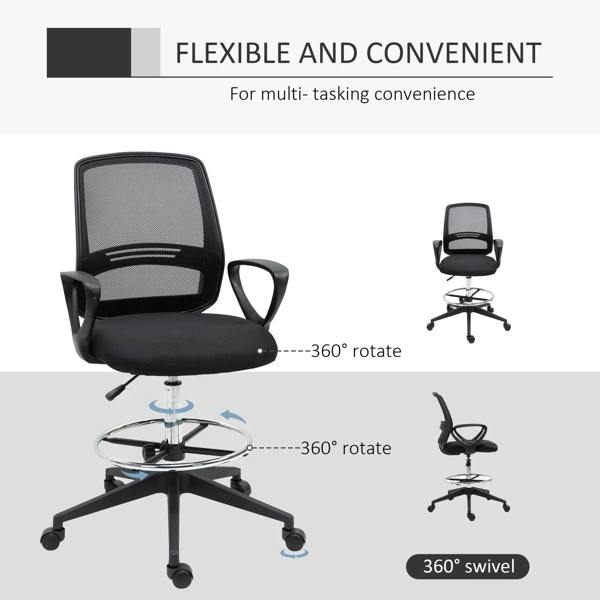 Black mesh-back office chair with padded seat and 360° swivel base on caster wheels