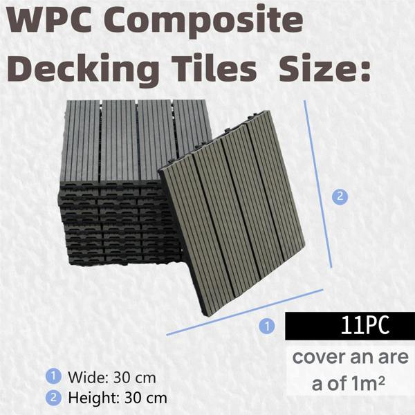 Gr8 Garden 11x WPC Stripe Composite Interlocking Decking Tiles – Black Outdoor Garden Flooring